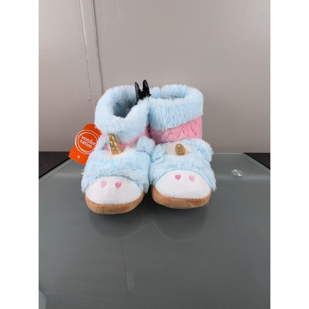 Wonder Nation Kids Blue Pink Plush Unicorn Bootie Slippers Size 6 NWT